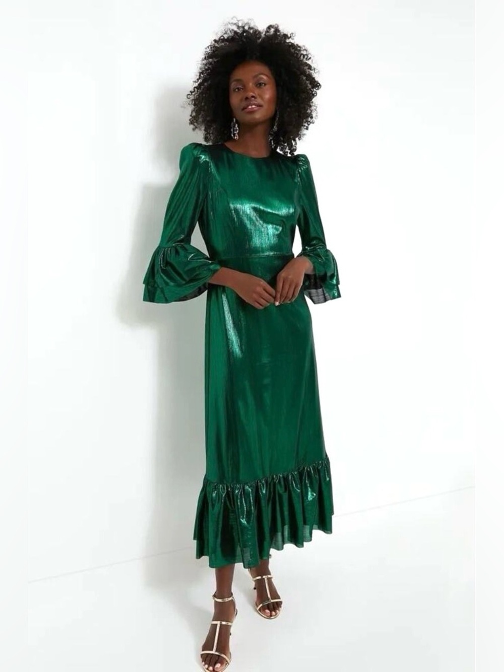 Pomander Place Holiday Ready Emerald Crinkle Lurex Lillith Dress Midi L